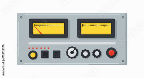 A vintage analog control panel with two meters, buttons, knobs, and indicator lights.