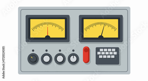 A gray vintage control panel featuring two analog VU meters, various knobs, buttons, and a small keypad, depicted in a flat vector style.