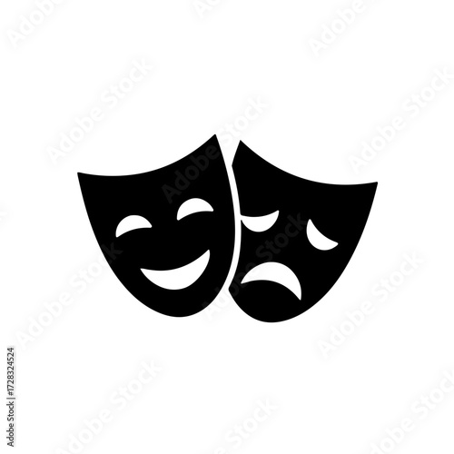 Black and White Hidden Sadness Icon: Two Theatrical Masks. A powerful, high-contrast vector silhouette depicting the classic comedy and tragedy masks (or a smiling mask hiding a sad expression)