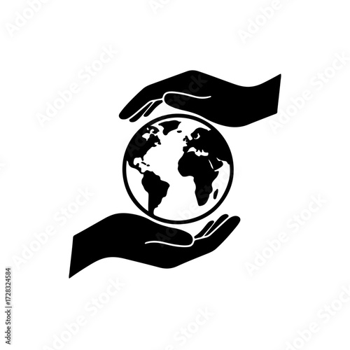 Black and White Global Aid Icon: Hands Gently Cupping the Earth. A powerful, high-contrast vector silhouette depicting two hands of different sizes or shapes gently holding a simple, line-art globe