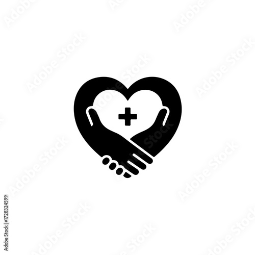 Black and White Humanitarian Heart Icon: Hands with a Plus Sign. high-contrast vector silhouette where a pair of hands meet to form a loving heart shape, featuring a small plus (+) sign at its center