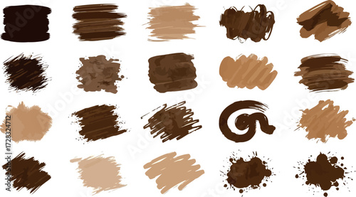 Vector art of collection of brown paint brush strokes and splatters