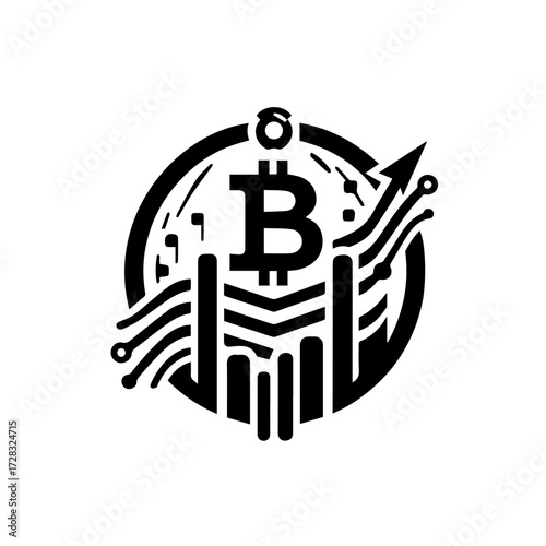 Bitcoin symbol within a circle, featuring rising bars, an upward arrow, and circuit board elements, all in black and white.