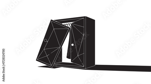Open geometric wardrobe revealing neatly hung clothes, a modern storage solution symbolizing organization and style for contemporary living spaces and fashion collections.