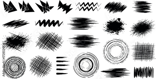 Vector art of collection of black abstract brush strokes, scribbles and splatters
