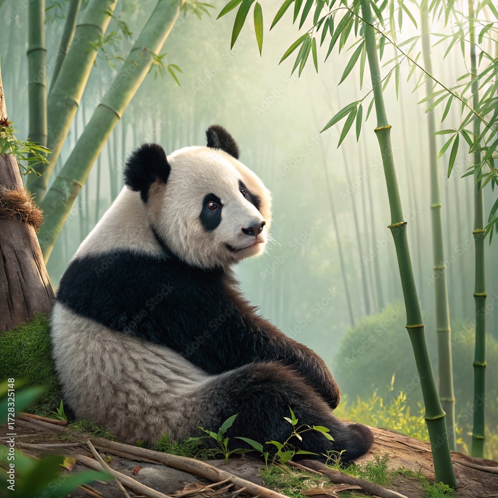 Obraz premium A giant panda sits peacefully amongst tall bamboo stalks in a misty forest
