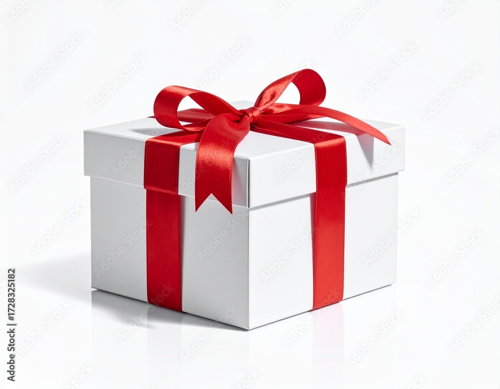 Fototapeta premium White Gift Box with Shiny Red Ribbon