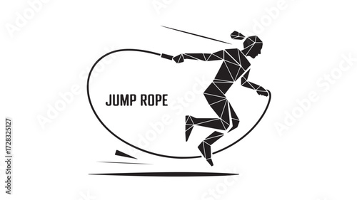 Dynamic geometric silhouette of a woman energetically jumping rope, showcasing fitness, agility, and modern athletic design for sports and lifestyle branding.