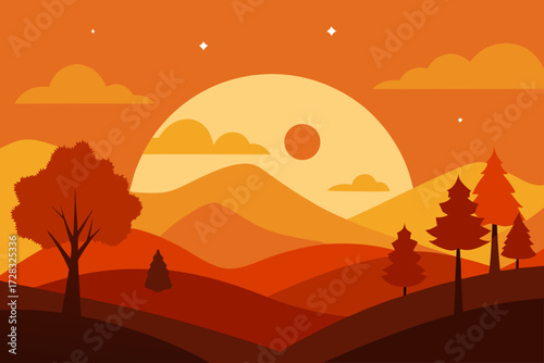 Vibrant sunset over rolling hills and silhouetted trees