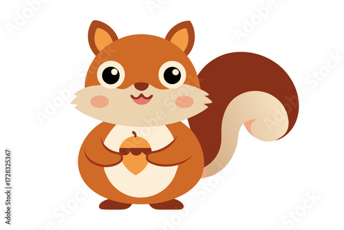 Cute cartoon squirrel holding an acorn with a happy expression