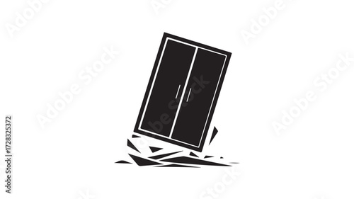 Dramatic silhouette of a falling wardrobe or cabinet shattering into pieces, symbolizing disaster, collapse, or destruction in a modern abstract style