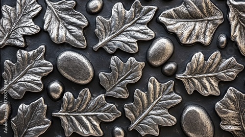 Metallic Oak Leaves and Stones Texture Background