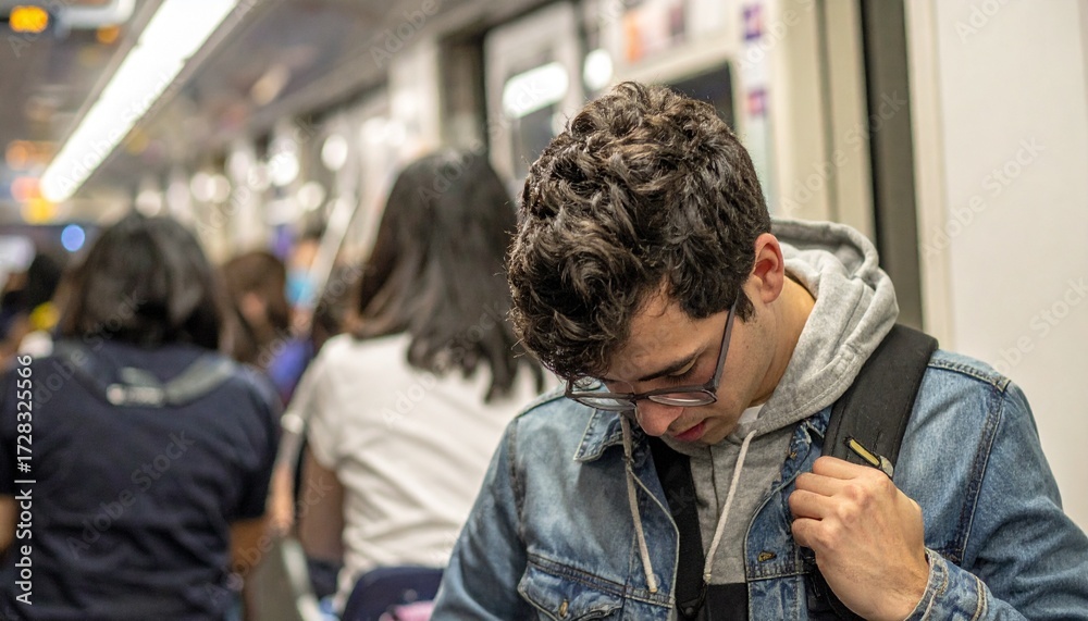 Fototapeta premium Commuting Teenager A Moment of Reflection on the Subway in a Busy City