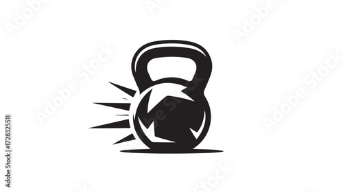 Dynamic black kettlebell icon with energetic motion lines, symbolizing strength, power, and intense workout motivation for fitness and sports branding.