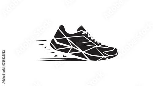 Dynamic abstract running shoe silhouette conveying speed and modern athleticism with geometric lines and motion blur effect, perfect for sports branding and active lifestyle campaigns