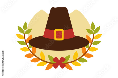 Pilgrim hat with autumn leaves and flower emblem