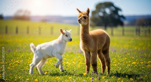 Fototapeta Naklejka Na Ścianę i Meble -  A white goat and a brown alpaca standing together in a sunny field with yellow flowers and a blurred background of
