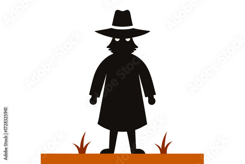 Mysterious silhouette figure in hat and trench coat standing in field
