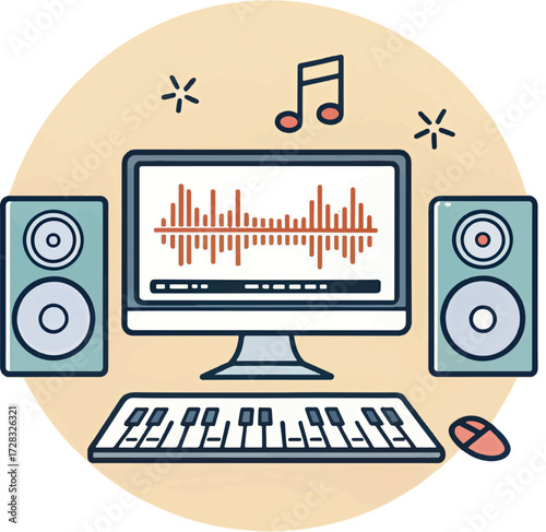Flat Music Production Setup with Monitor, Speakers, and MIDI Keyboard