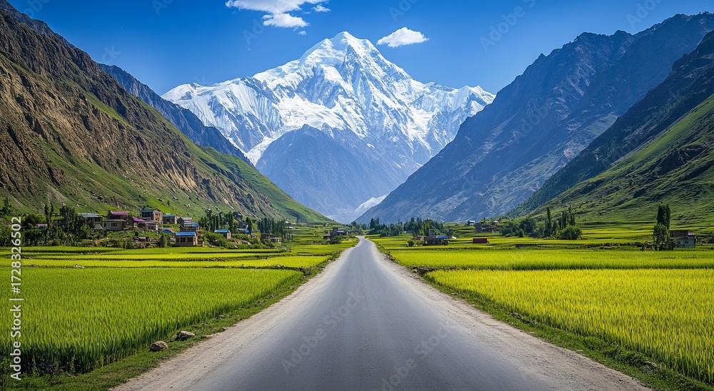 Naklejka premium Mountain road through vibrant valley