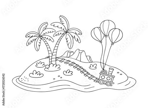 Playful Outline Island Scene with Palm Trees, Mountain, Train on Tracks, and Balloons