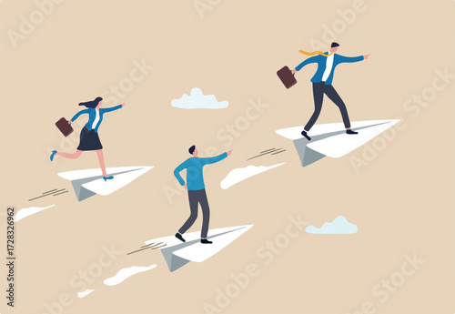 Success leadership to lead team to achieve goal, motivation or aspiration to drive company, teamwork or career opportunity concept, businessman ride paper airplane origami lead team flying to success.