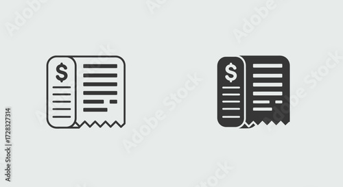 Two cash register receipt icons with a dollar sign suitable for finance, budgeting, expenses, shopping, retail, money management concepts.