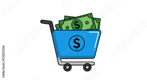 Blue shopping cart filled with green dollar bills. Ideal for financial concepts, savings, budgeting, commerce, money management, and shopping themes.