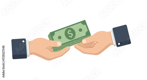 Two hands exchanging a stack of green dollar bills, capturing a business transaction. Suitable for finance or currencyrelated designs.
