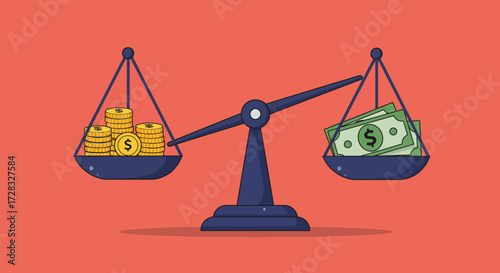 Balance scale showing financial decisions, money and coins on each side. Perfect for financial planning concepts and budgeting graphics.