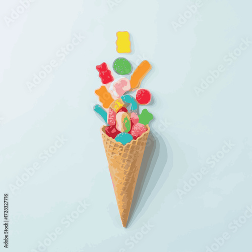 Create Ice cream cone with gummy candy on pastel White background. Minimal food concept. Flat lay