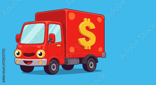 Red truck with a dollar sign on it, suitable for finance, savings, investment, business concepts. Transportation with financial theme.