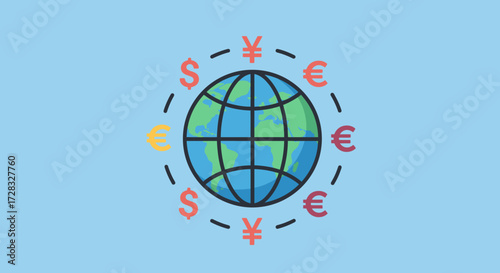 Globe with global currency symbols on a soft blue backdrop. Suitable for finance, international business, banking concepts, and economic presentations.