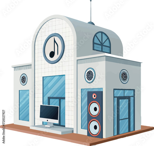 Music Studio Building with Speakers and Note Symbol Illustration