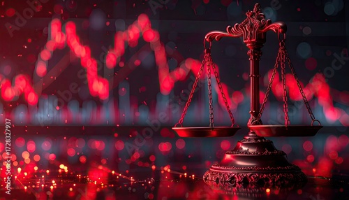 A dark, ornate scale of justice sits before a blurred background of sharply falling red stock market graphs, suggesting financial instability or legal ramifications
