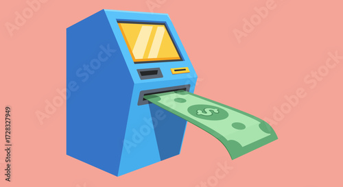 Blue atm machine with green cash. Ideal for financial and banking concepts in design projects, advertisements, and web graphics.