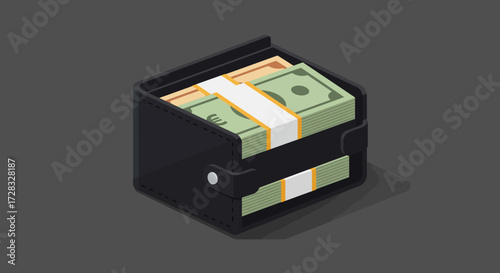 Black wallet full of cash bundles, suitable for finance, wealth, luxury concepts, financial planning, savings, investment, budgeting, and personal finance.