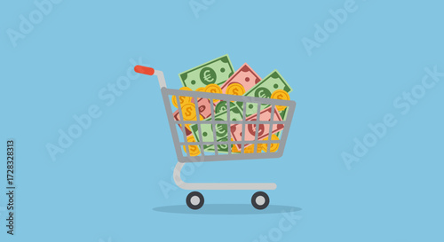 Shopping cart filled with money, coins, and bills. Suitable for finance, savings, investment concepts. Marketing materials, advertisements, websites.