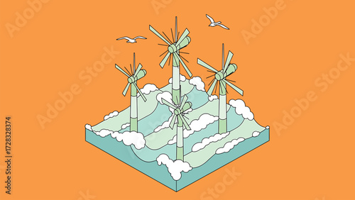 Isometric Offshore Wind Farm Vector Illustration with Stylized Waves and Seagulls on Orange Background