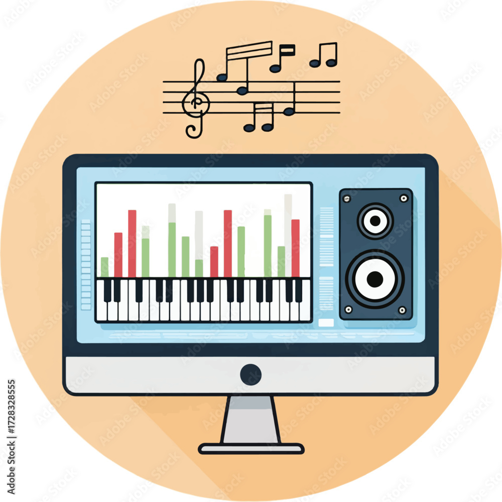 Obraz premium Digital Piano and Music Equalizer on Computer Screen Illustration