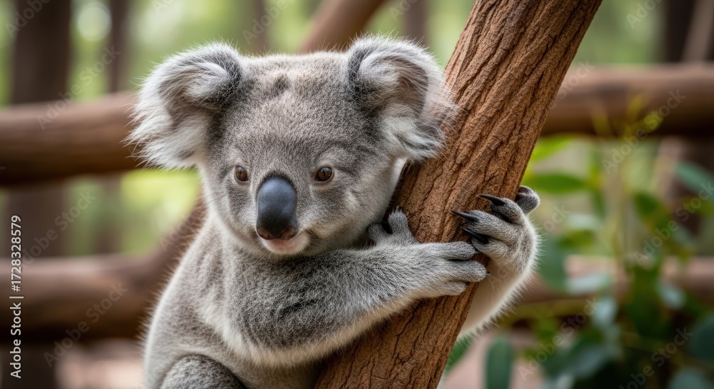 Fototapeta premium A cute koala bear clinging to a tree trunk with its paws in a natural outdoor setting with warm lighting.