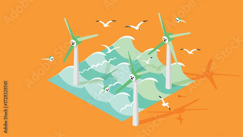 Vector Isometric Offshore Wind Farm Illustration: Green Energy Turbines Amidst Dynamic Waves and Flying Seagulls