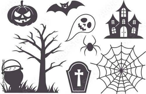 This Halloween vector set features spooky black icons including pumpkins, bats, ghosts, and a witch hat illustration