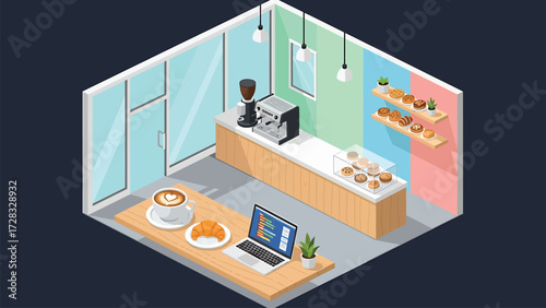 Modern Cafe Interior Isometric Vector Illustration: Digital Nomads Working with Coffee and Pastries