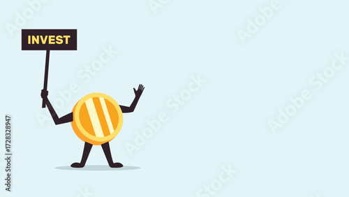 Coin character, invest concept, money management, save cash, financial sustainability, copy space for text