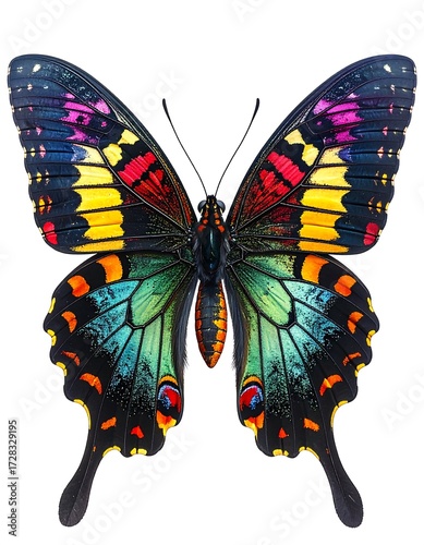 A vibrant butterfly with iridescent wings against a white background