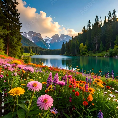 Vibrant wildflowers bloom along a serene mountain lake at sunset, reflecting the majestic peaks