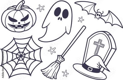 Black and white vector icon set of Halloween cartoon doodles for a holiday coloring book design