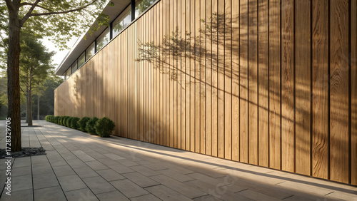 Exterior view of modern building featuring vertical wood cladding, geometric shadows, landscaped walkway, and clean contemporary architectural lines.