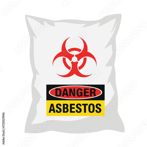 Bag with biohazard symbol and danger asbestos warning label